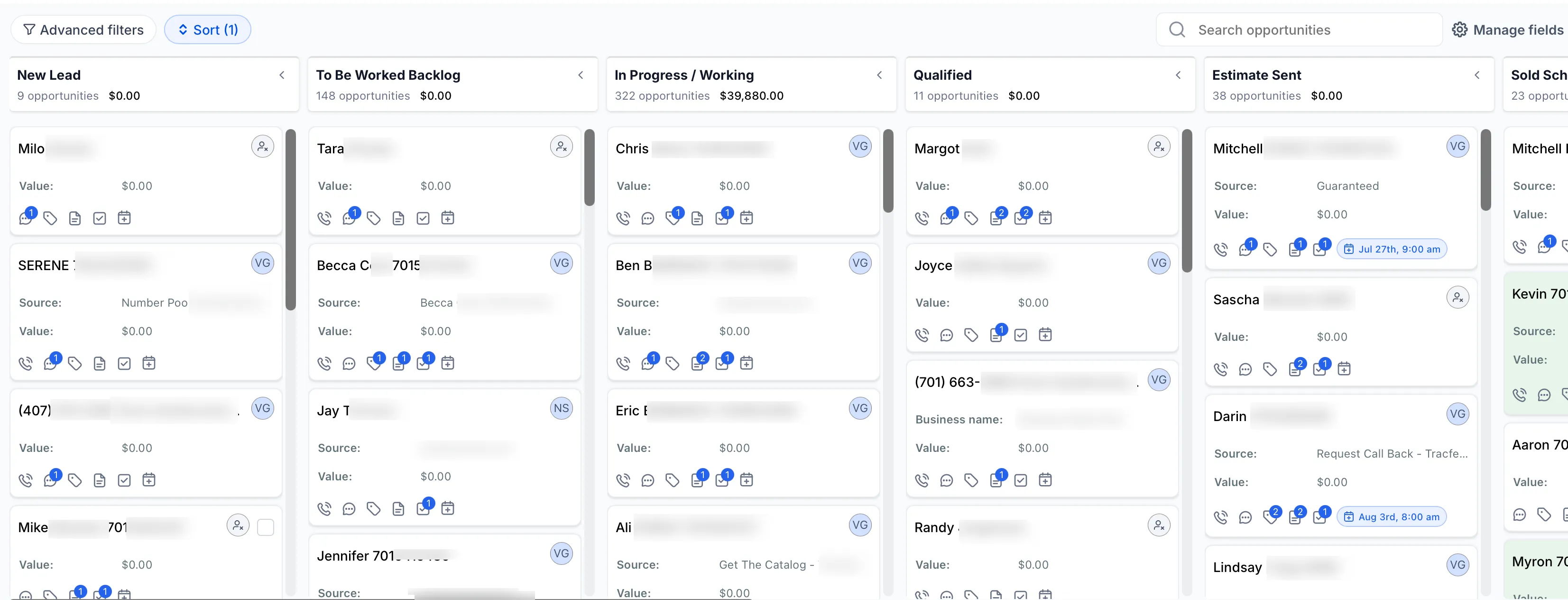 CRM pipeline with opportunities by stage: new lead, working, qualified, estimate sent, sold