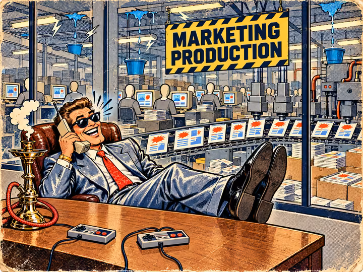 A grinning account manager with game controllers and a hookah on an empty desk; behind him a “marketing production” line of faceless workers and a leaking roof
