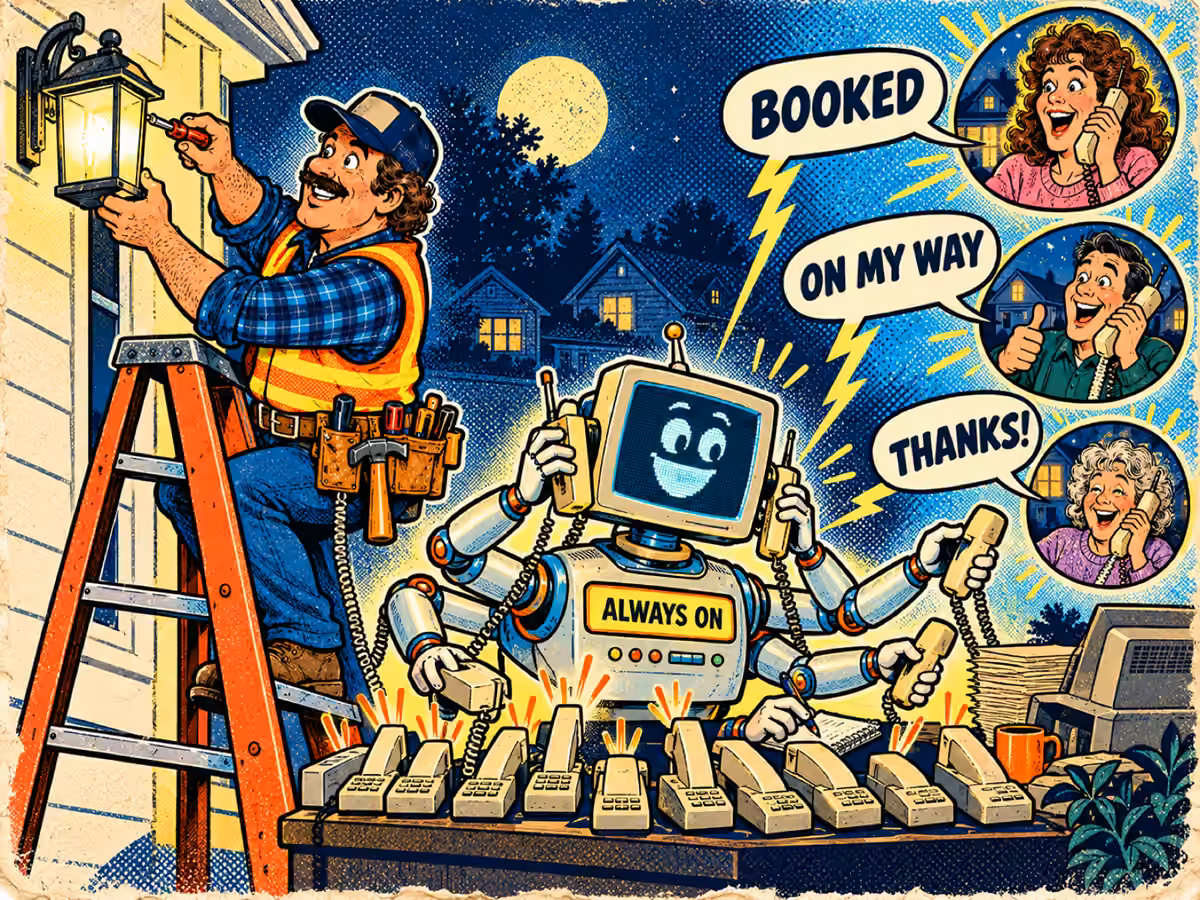 A friendly retro robot receptionist with six arms answers a dozen ringing phones at night while the contractor finishes a job on a ladder