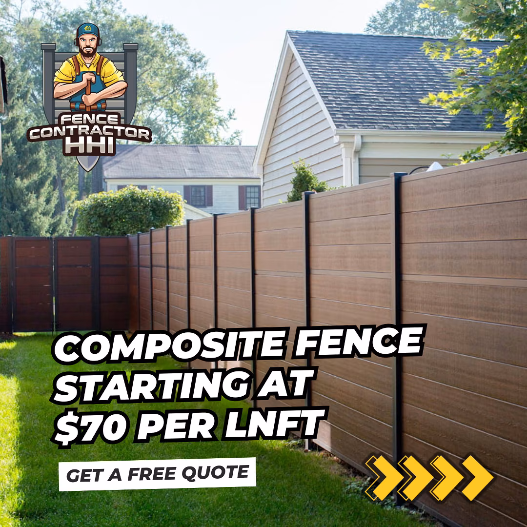 Facebook and Instagram ad: a brown composite privacy fence along a backyard, headline Composite fence starting at $70 per linear foot