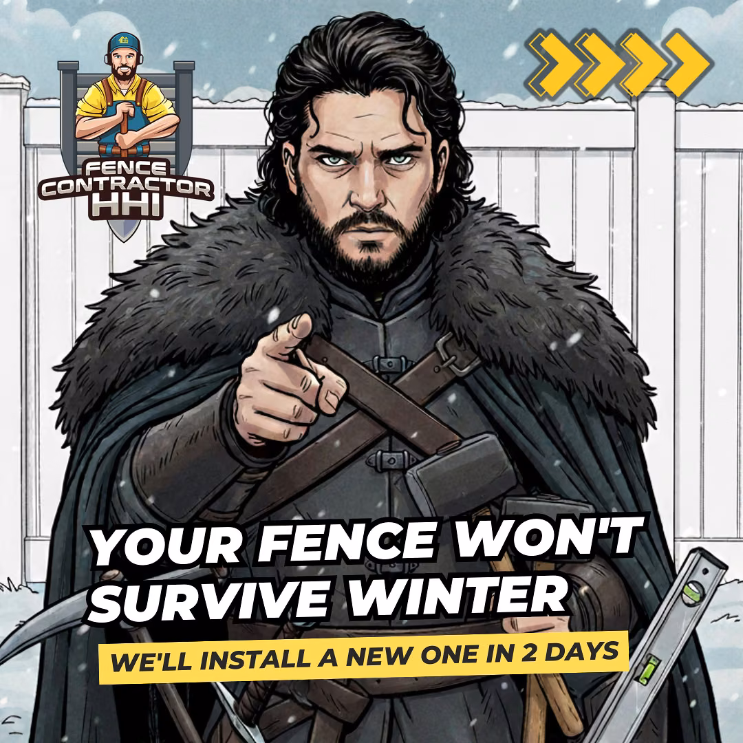 Facebook and Instagram ad: an illustrated warrior in a fur cloak in front of a snowy white fence, headline Your fence won’t survive winter
