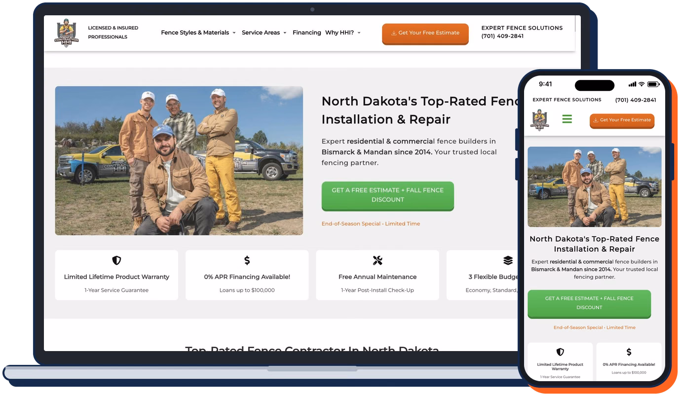 My client’s fence company website on a laptop and a phone: Fence Contractor HHI, North Dakota