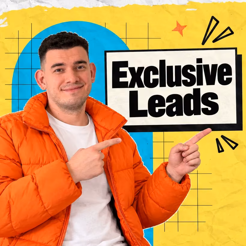 Eddie smiles and points at a sign: Exclusive leads
