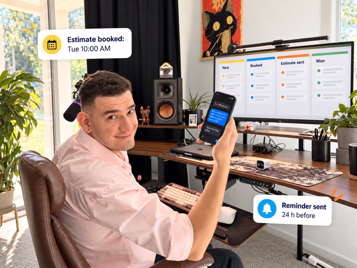 Eddie A. at his desk holding up a phone with an automatic text after a missed call; the monitor shows a board of leads from new to won