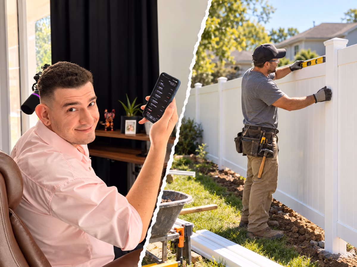 Eddie A. holding up his phone next to a fence installer leveling a new white vinyl fence