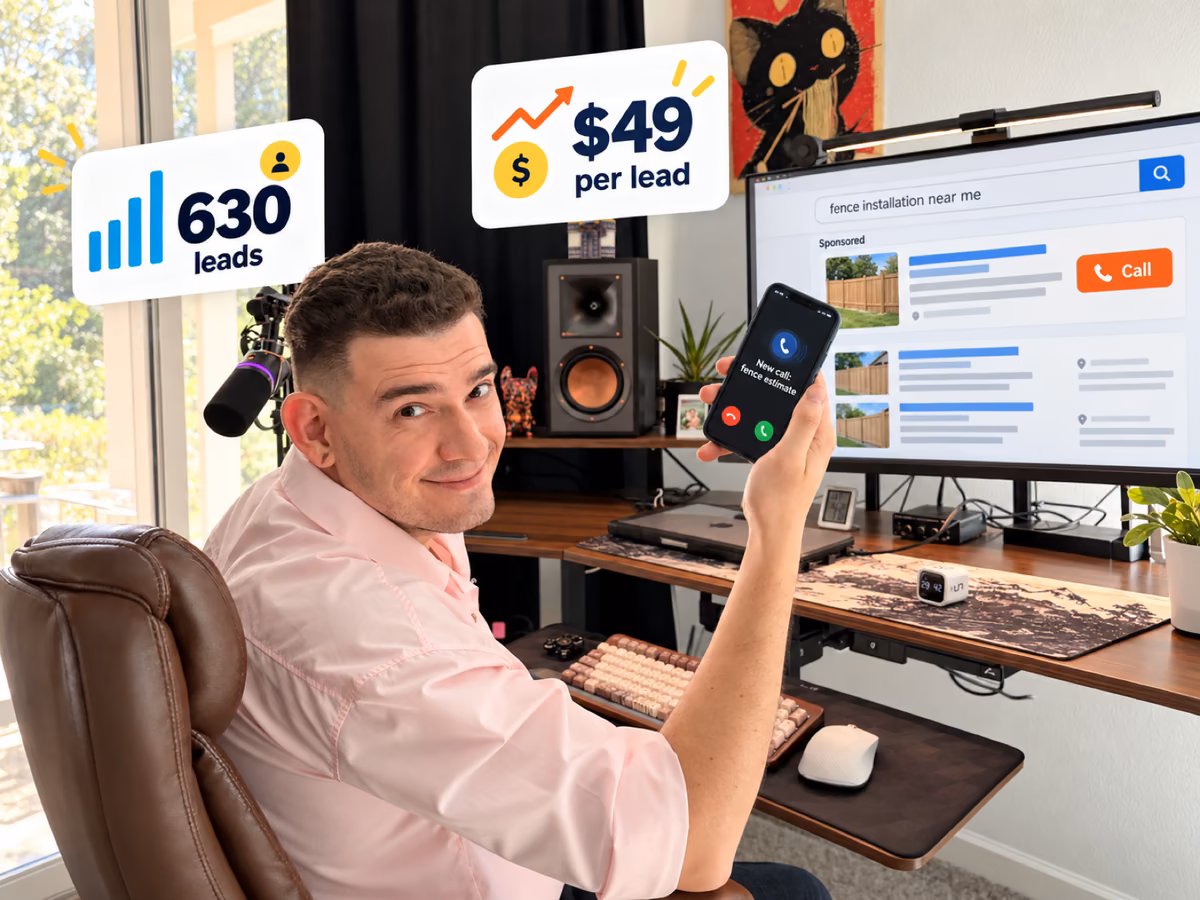 Eddie A. at his desk holding up a phone with an incoming call; the monitor shows search results for fence installation, with cards: 630 leads, $49 per lead