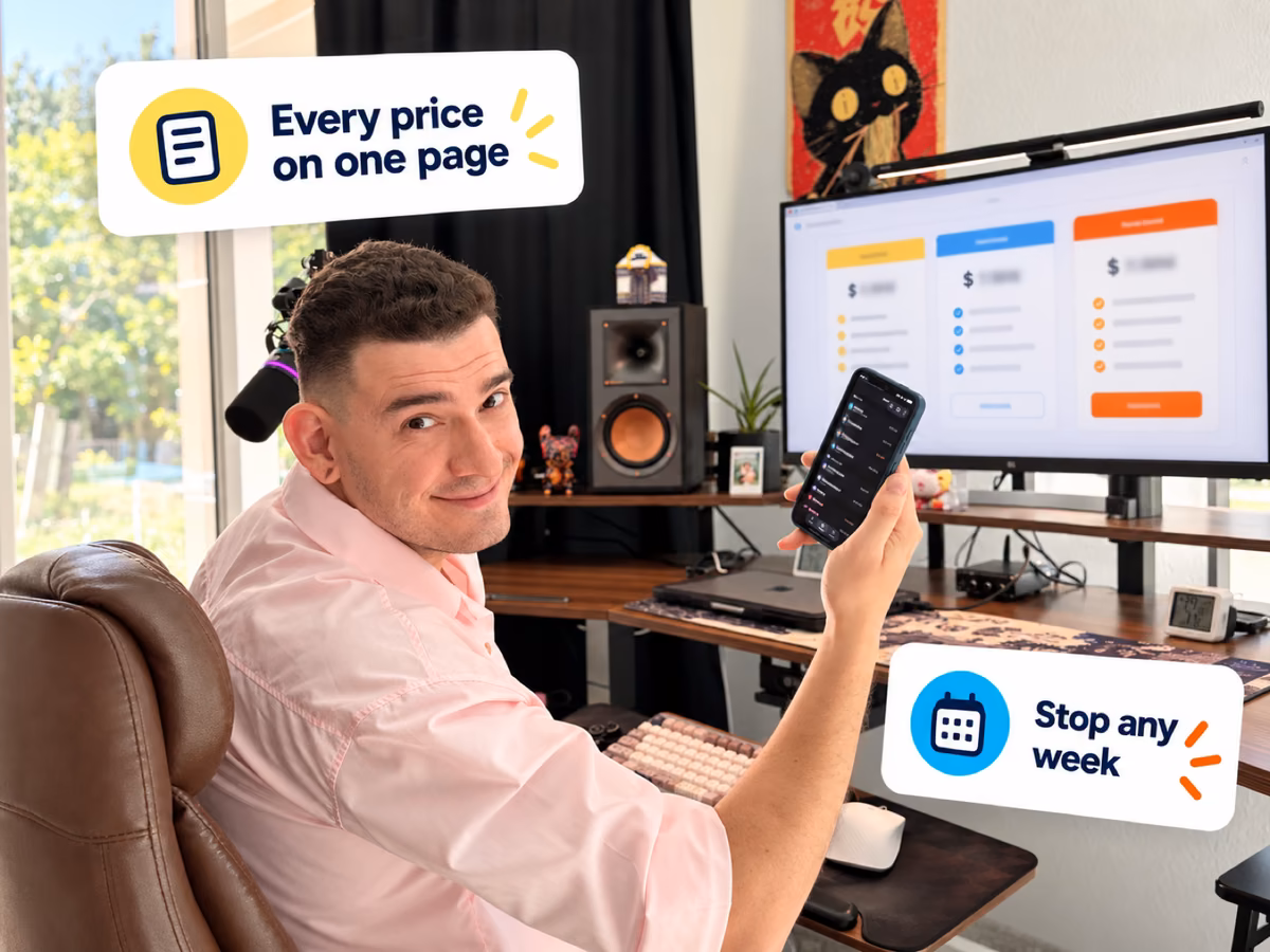 Eddie A. at his desk holding up his phone; the monitor shows a simple pricing page, with cards: every price on one page, stop any week