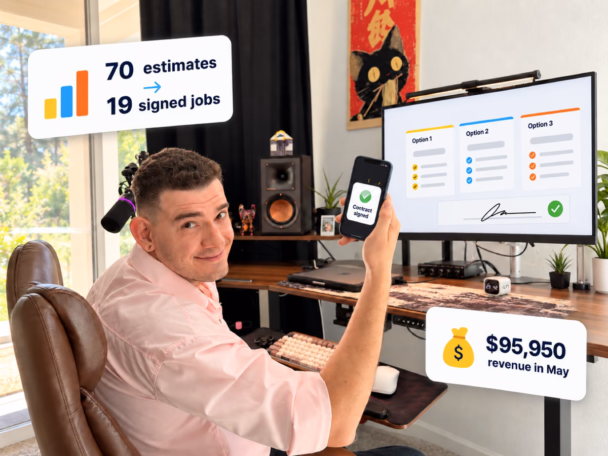 Eddie A. at his desk holding up a phone with a “contract signed” notification; the monitor shows an estimate with three options, with cards: 70 estimates to 19 signed jobs, $95,950 revenue in May