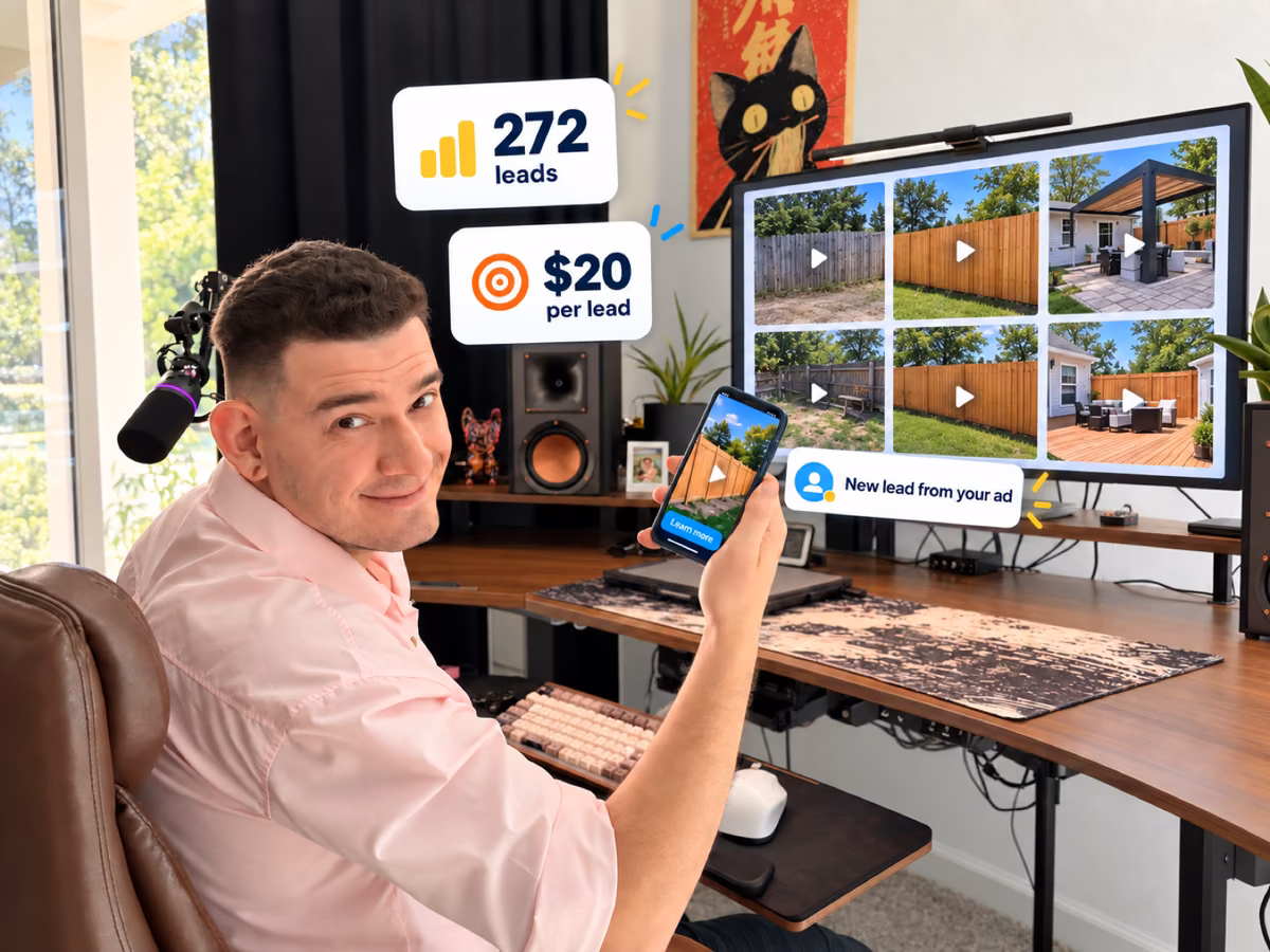 Eddie A. at his desk holding up a phone with a short video ad; the monitor shows videos of fence and patio jobs, with cards: 272 leads, $20 per lead
