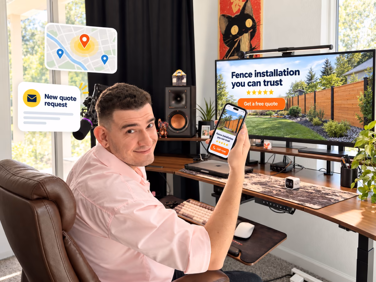 Eddie A. at his desk holding up a phone with a contractor website; the monitor shows the same site with a “Get a free quote” button
