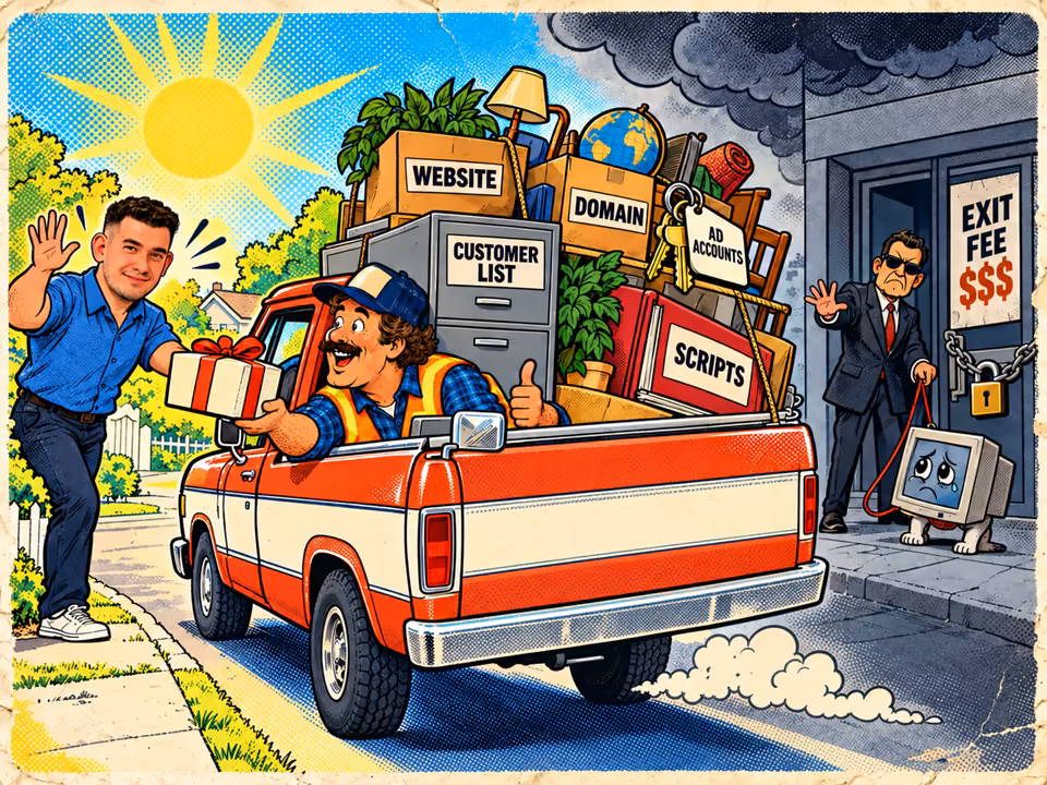 A contractor drives off in his pickup loaded with his website, domain, customer list, ad accounts and scripts, while an agency rep stands behind an exit-fee door