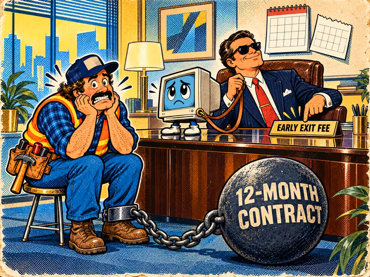 A worried contractor chained to a “12-month contract” wrecking ball while the agency boss holds his website on a leash