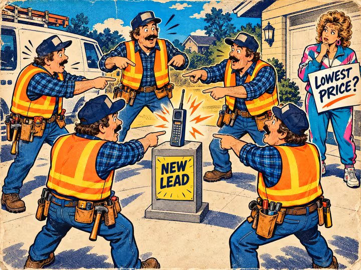 Five identical contractors point at each other around one ringing phone labeled “new lead”