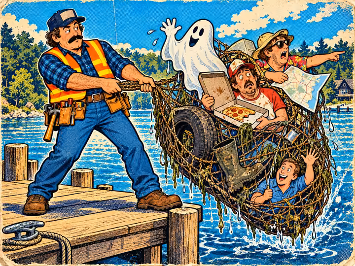 A contractor on a dock pulls up a net full of junk leads: a ghost, a lost tourist, a guy with pizza, a tire and a boot