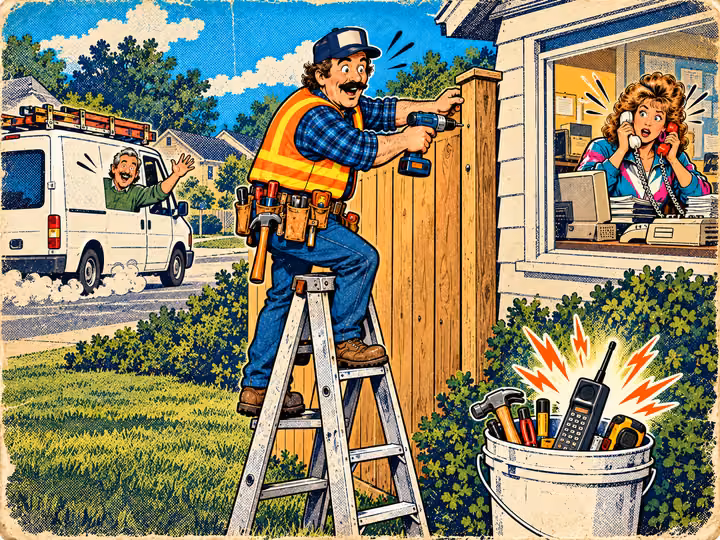 A contractor on a ladder misses a call ringing in a bucket while a customer drives off with a competitor