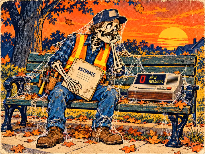 A skeleton contractor on a bench holds an estimate next to an answering machine showing 0 new messages