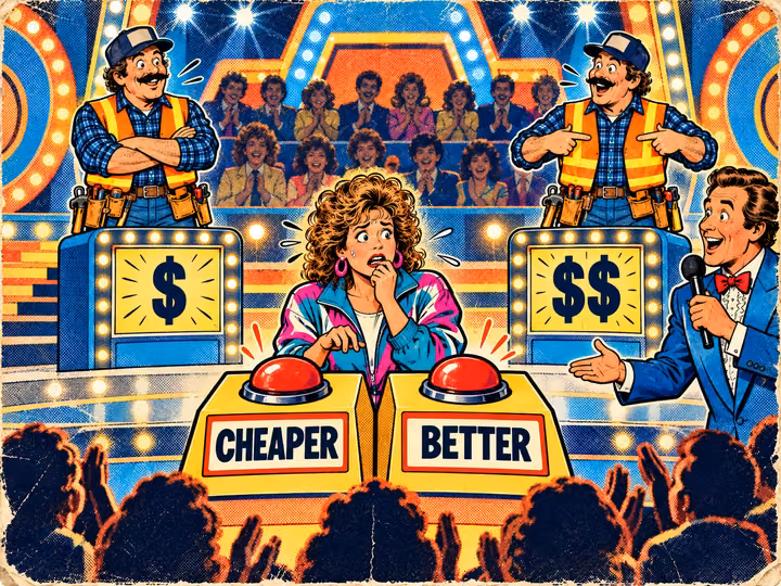 A homeowner on a game show sweats between two buttons: cheaper and better