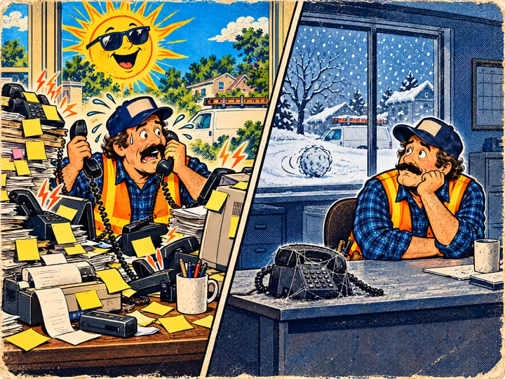 Split scene: a swamped contractor in summer and the same contractor alone with a silent phone in winter