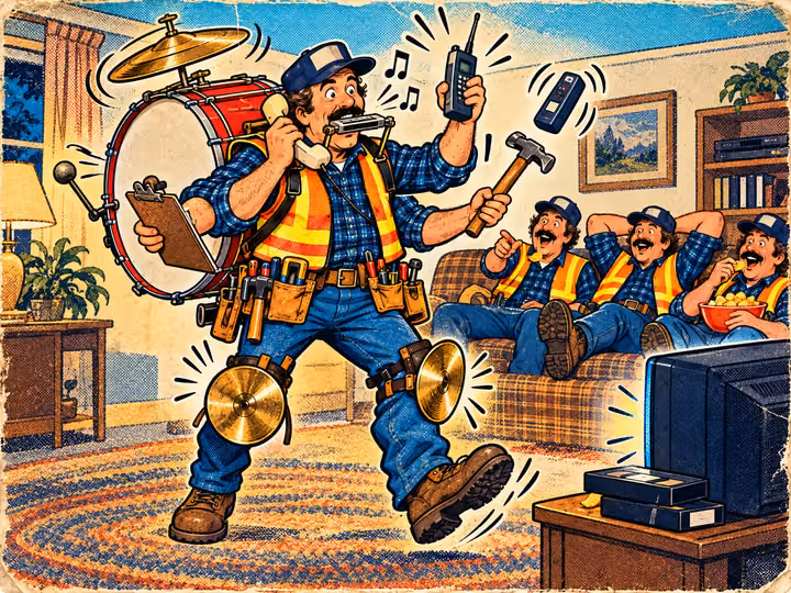 A contractor as a one-man band juggling phones while his crew watches TV on the couch