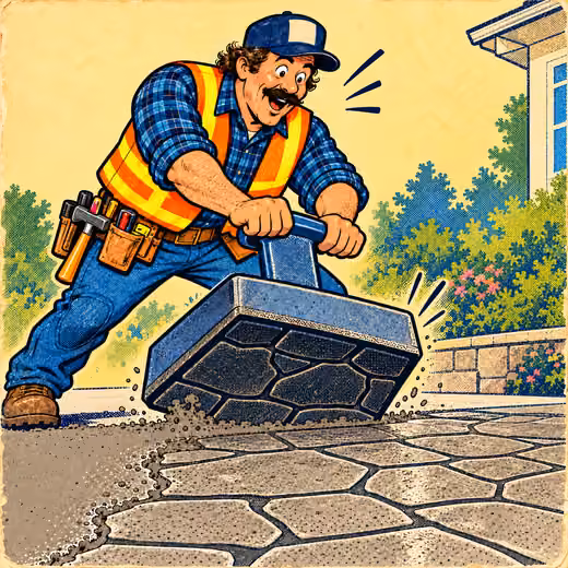 A contractor stamps a stone pattern into a patio with a giant stamp