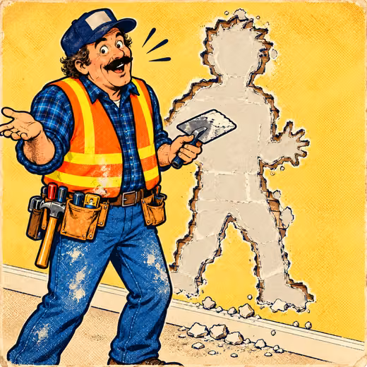 A contractor with a trowel shrugs next to a person-shaped hole in the wall