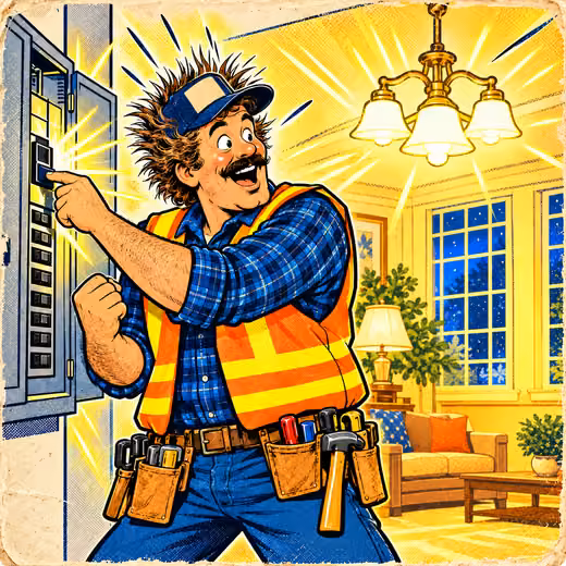 A contractor flips a breaker, the house lights up and his hair stands on end