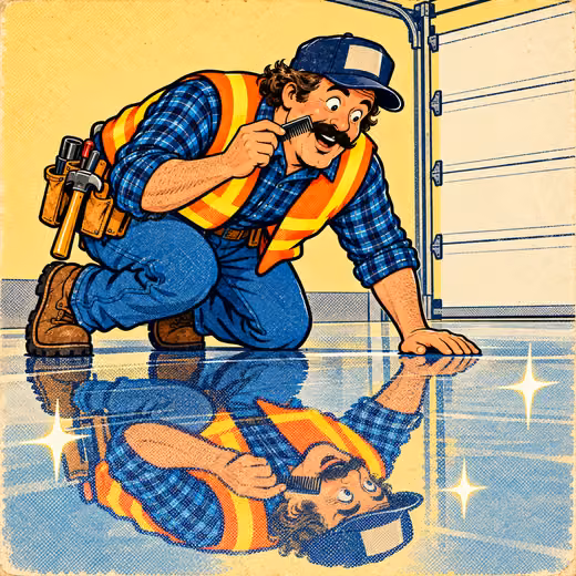 A garage floor so glossy the contractor combs his mustache in the reflection