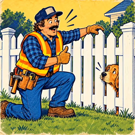 A contractor proudly shows off a white picket fence while a dog squeezes its nose through a gap