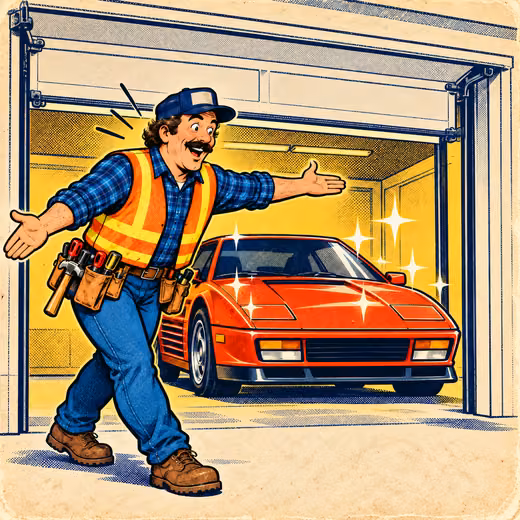 A contractor presents an open garage door with a shiny red sports car inside