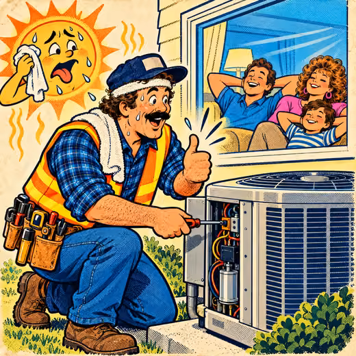 A sweaty contractor fixes an AC unit; the family chills inside while the sun mops its brow