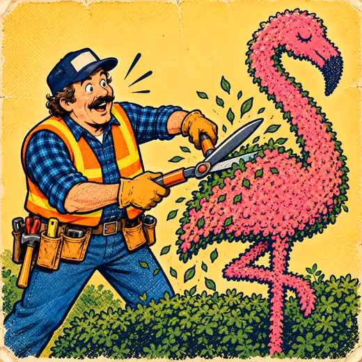 A contractor trims a hedge into a pink flamingo