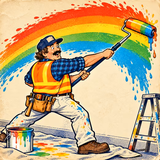 A contractor paints a rainbow in one heroic roller stroke