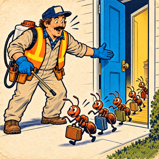 A pest control tech holds the door as ants with suitcases march out of the house