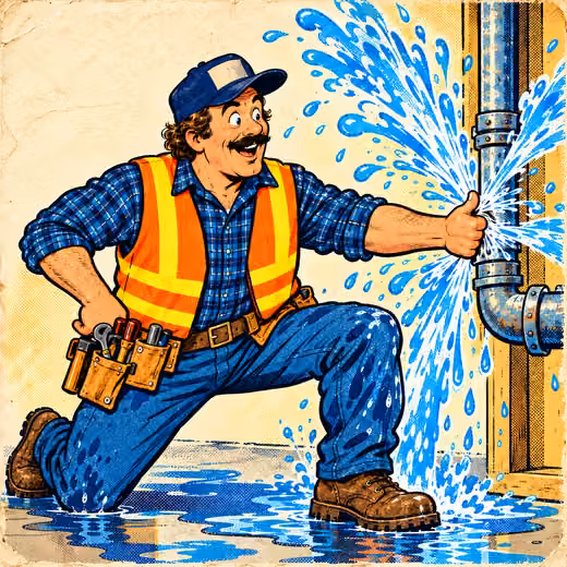 A contractor holds back a burst pipe with one thumb, smiling