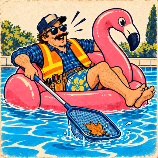 A contractor in sunglasses floats on a flamingo pool float, skimming a single leaf