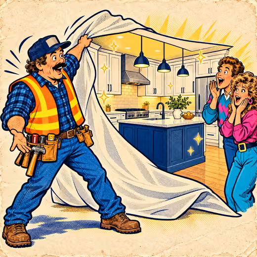 A contractor whips a sheet off a brand-new kitchen like a magician; the homeowners gasp
