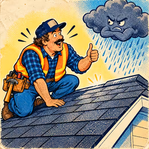 A contractor gives a thumbs-up on a fresh roof while a grumpy rain cloud sulks